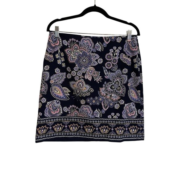 Talbots Petite Sz 8P Navy Blue Cotton Blend Preppy Paisley Canvas A-Line Skirt - Picture 3 of 10